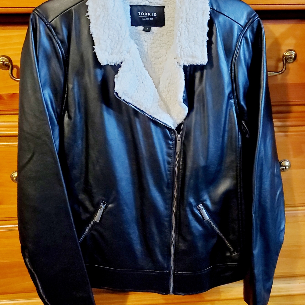 Torrid Black Faux Leather Jacket with White Sherpa Lining